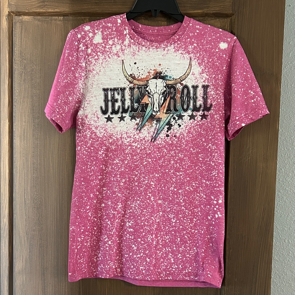 Jelly Roll Graphic Tee in Pink with Bleach-Splatter